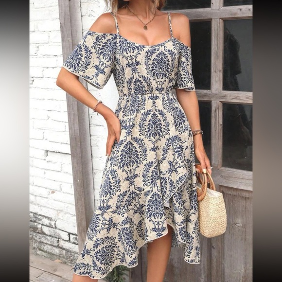 Boho floral print cold shoulder midi dress - Picture 5 of 6